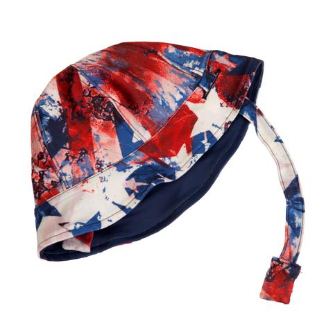 Reversible toddler hat by FASTEN. Cute American print with stars. Solid indigo hat. Magnetic chin strap to keep on head. Unisex hat can be worn by toddler boys and girls.