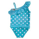 Aqua Polka Dot girl swimsuit with ruffle by FASTEN. Features patented design that opens at the waist, making diaper changes and bathroom breaks faster and easier. Sizes 2T-10. UPF 50 sun protection built in. Polka dot swimsuit for girls. Back view.