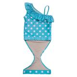 Aqua Polka Dot girl swimsuit with ruffle by FASTEN. Features patented design that opens at the waist, making diaper changes and bathroom breaks faster and easier. Sizes 2T-10. UPF 50 sun protection built in. Polka dot swimsuit for girls. Open view.