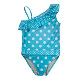 Aqua Polka Dot girl swimsuit with ruffle by FASTEN. Features patented design that opens at the waist, making diaper changes and bathroom breaks faster and easier. Sizes 2T-10. UPF 50 sun protection built in. Polka dot swimsuit for girls. 