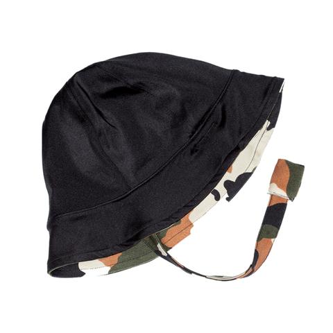 FASTEN reversible toddler hat that is UPF 50+ for excellent sun protection. Camo on one side and black on the other. This unisex hat with chin strap stays on your toddler's head.
