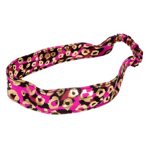 FASTEN spandex headband with fuchsia and gold cheetah pattern. Perfect girls' headband for the beach, pool, and all year round! 