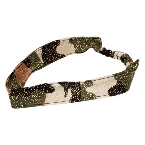 FASTEN spandex glitter headband with camo print. One-size headband fits infants, toddlers, and young girls. Great to keep hair out of a girl's eyes. Can be worn year-round.