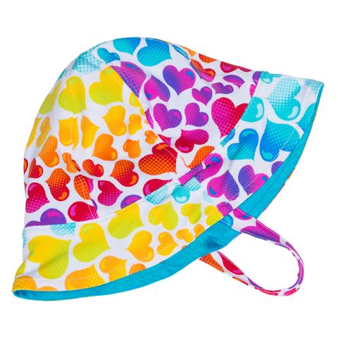 FASTEN reversible toddler hat with adorable rainbow hearts print on one side, turquoise on the other side. UPF 50+ sun hat providing excellent sun protection. Great for the beach or pool or when your toddler is outside. Chin strap to keep hat on your toddler's head!
