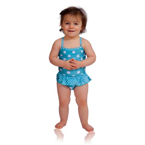 Aqua Polka Dot toddler girl swimsuit with ruffle by FASTEN. Features patented design that opens at the waist, making diaper changes and bathroom breaks faster and easier. Sizes 6m-18m. UPF 50+ sun protection built in. Polka dot swimsuit for girls. 