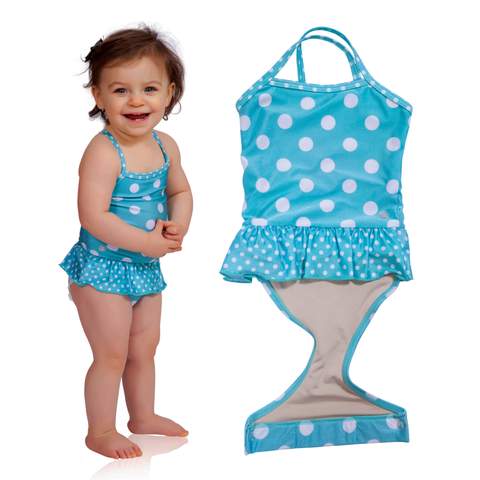 Aqua Polka Dot toddler girl swimsuit with ruffle by FASTEN. Features patented design that opens at the waist, making diaper changes and bathroom breaks faster and easier. Sizes 6m-18m. UPF 50+ sun protection built in. Polka dot swimsuit for girls. 