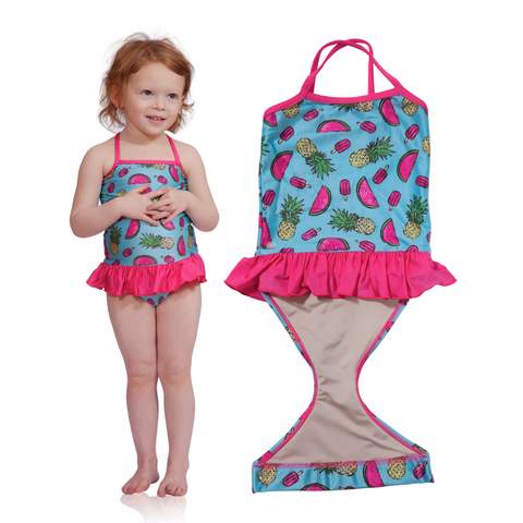 FASTEN swimsuit, Fruitsicle cross-back swimsuit for baby and toddler girls. Features patented design that opens at the waist, making bathroom breaks and baby diaper changes faster and easier. Sizes 6m-5. UPF 50 sun protection built right in! Cross-back swimsuit design. Cute fruit pattern with ruffle. 