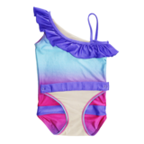 Fuchsia Turquoise Ombre one-shoulder swimsuit for girls by FASTEN. Features patented design that opens at the waist, making bathroom breaks and baby diaper changes faster and easier. Sizes 2T-10. UPF 50  sun protection built right in! One-shoulder design. Ombre varies slightly in each swimsuit. Back open with hidden magnet attached to keep flap out of toilet.