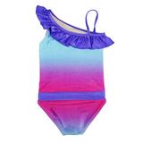 Fuchsia Turquoise Ombre one-shoulder swimsuit for girls by FASTEN. Features patented design that opens at the waist, making bathroom breaks and baby diaper changes faster and easier. Sizes 2T-10. UPF 50  sun protection built right in! One-shoulder design. Ombre varies slightly in each swimsuit. Back view. 