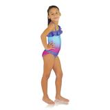 Fuchsia Turquoise Ombre one-shoulder swimsuit for girls by FASTEN. Features patented design that opens at the waist, making bathroom breaks and baby diaper changes faster and easier. Sizes 2T-10. UPF 50  sun protection built right in! One-shoulder design. Ombre varies slightly in each swimsuit.