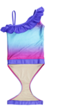 Fuchsia Turquoise Ombre one-shoulder swimsuit for girls by FASTEN. Features patented design that opens at the waist, making bathroom breaks and baby diaper changes faster and easier. Sizes 2T-10. UPF 50  sun protection built right in! One-shoulder design. Ombre varies slightly in each swimsuit. Open view.
