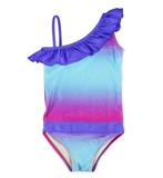 Fuchsia Turquoise Ombre one-shoulder swimsuit for girls by FASTEN. Features patented design that opens at the waist, making bathroom breaks and baby diaper changes faster and easier. Sizes 2T-10. UPF 50  sun protection built right in! One-shoulder design. Ombre varies slightly in each swimsuit.
