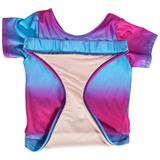 Fuchsia Turquoise Ombre short sleeve swimsuit by FASTEN. Rash guard swimsuit. Fits toddler girls and young girls, sizes 2T-10. Features patented design that opens at the waist, making bathroom breaks and baby diaper changes faster and easier. UPF 50 sun protection built right in! Ombre varies slightly in each swimsuit. Hidden magnet in back.