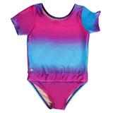 Fuchsia Turquoise Ombre short sleeve swimsuit by FASTEN. Rash guard swimsuit. Fits toddler girls and young girls, sizes 2T-10. Features patented design that opens at the waist, making bathroom breaks and baby diaper changes faster and easier. UPF 50 sun protection built right in! Ombre varies slightly in each swimsuit. 
