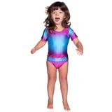 Fuchsia Turquoise Ombre short sleeve swimsuit by FASTEN. Rash guard swimsuit. Fits toddler girls and young girls, sizes 2T-10. Features patented design that opens at the waist, making bathroom breaks and baby diaper changes faster and easier. UPF 50 sun protection built right in! Ombre varies slightly in each swimsuit. 