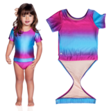 Fuchsia Turquoise Ombre short sleeve swimsuit by FASTEN. Rash guard swimsuit. Fits toddler girls and young girls, sizes 2T-10. Features patented design that opens at the waist, making bathroom breaks and baby diaper changes faster and easier. UPF 50 sun protection built right in! Ombre varies slightly in each swimsuit. 