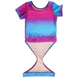 Fuchsia Turquoise Ombre short sleeve swimsuit by FASTEN. Rash guard swimsuit. Fits toddler girls and young girls, sizes 2T-10. Features patented design that opens at the waist, making bathroom breaks and baby diaper changes faster and easier. UPF 50 sun protection built right in! Ombre varies slightly in each swimsuit. Open view.