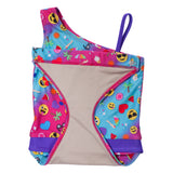 Summer Emoji one-shoulder swimsuit for girls by FASTEN. Features patented design that opens at the waist, making bathroom breaks faster and easier. Sizes 2T-10. UPF 50 sun protection built right in! One-shoulder design. Cute emoji pattern! Hidden back magnet to secure suit so it won't fall into toilet.