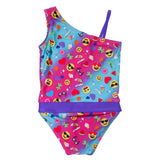 Summer Emoji one-shoulder swimsuit for girls by FASTEN. Features patented design that opens at the waist, making bathroom breaks faster and easier. Sizes 2T-10. UPF 50 sun protection built right in! One-shoulder design. Cute emoji pattern! Back view.