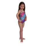 Summer Emoji one-shoulder swimsuit for girls by FASTEN. Features patented design that opens at the waist, making bathroom breaks faster and easier. Sizes 2T-10. UPF 50 sun protection built right in! One-shoulder design. Cute emoji pattern!