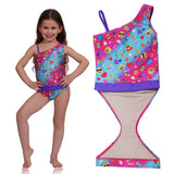 Summer Emoji one-shoulder swimsuit for girls by FASTEN. Features patented design that opens at the waist, making bathroom breaks faster and easier. Sizes 2T-10. UPF 50 sun protection built right in! One-shoulder design. Cute emoji pattern!