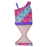Summer Emoji one-shoulder swimsuit for girls by FASTEN. Features patented design that opens at the waist, making bathroom breaks faster and easier. Sizes 2T-10. UPF 50 sun protection built right in! One-shoulder design. Cute emoji pattern! Open view.