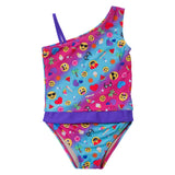 Summer Emoji one-shoulder swimsuit for girls by FASTEN. Features patented design that opens at the waist, making bathroom breaks faster and easier. Sizes 2T-10. UPF 50 sun protection built right in! One-shoulder design. Cute emoji pattern!