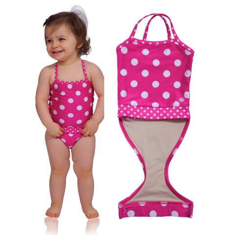 Watermelon Polka Dot baby girl swimsuit by FASTEN. Features patented design that opens at the waist, making diaper changes faster and easier. Sizes 6m-18m. Polka dot swimsuit for infant girls.