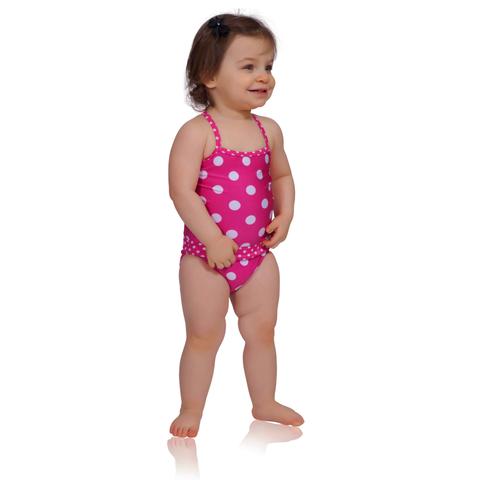 Watermelon polka dot baby girl swimsuit by FASTEN. Revolutionary easy change swimsuits feature magnetic closures that make for easier parenting and quicker diaper changes. Sizes 6m-18m. Polka dot swimsuit for infant girls.